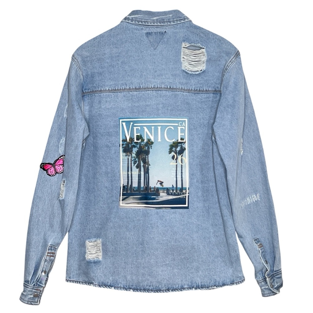 TRIO Urban Venice Vibes Denim Shirt Jacket Light Wash Distressed  Mens Size M